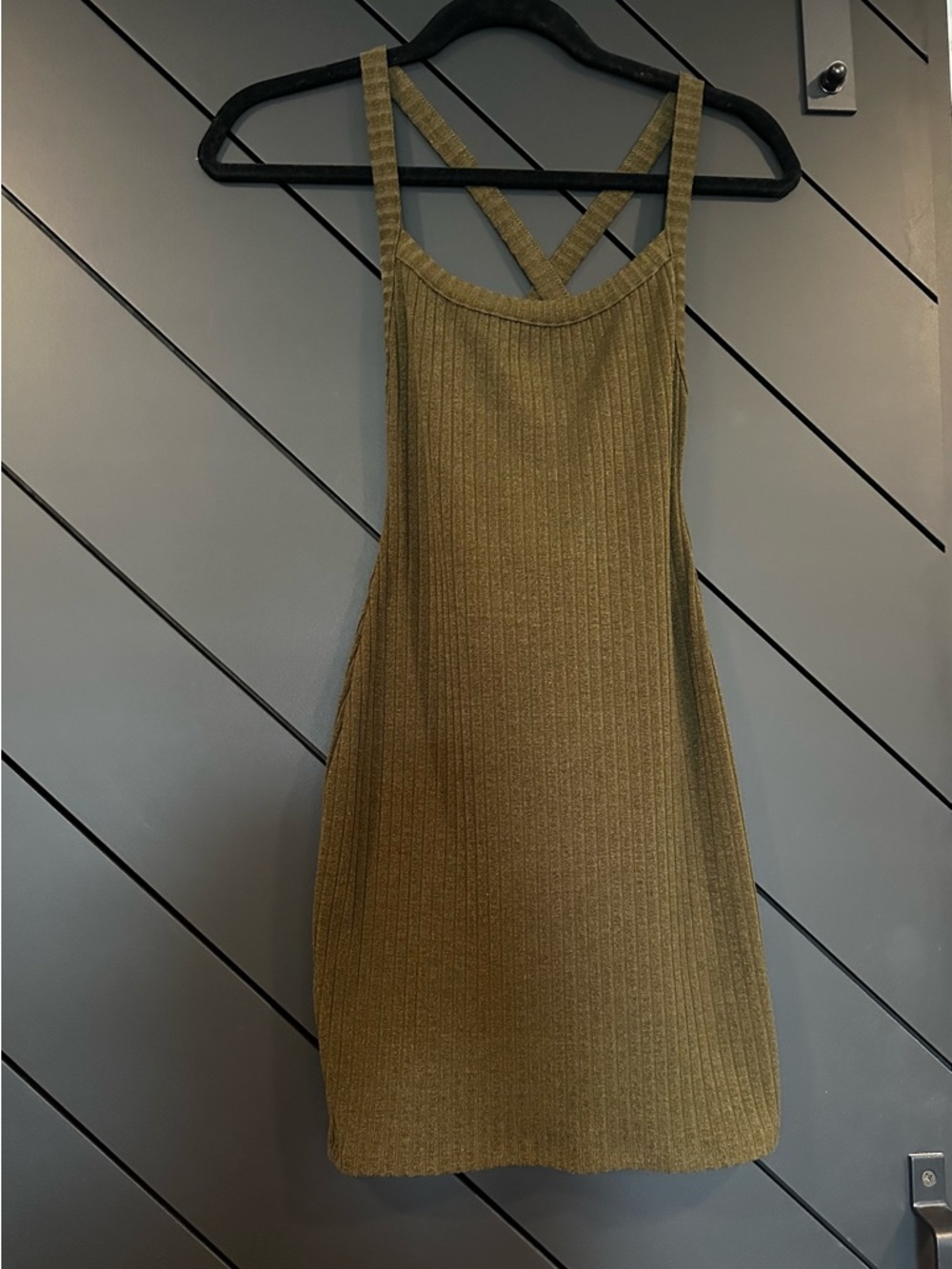 Ribbed Olive Mini Tank Dress with Crisscross Back